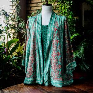 Green and red silk kimono